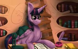 Size: 1280x800 | Tagged: safe, artist:lordofthefeathers, twilight sparkle, alicorn, pony, g4, book, cutie mark, desk, female, golden oaks library, inkwell, ladder, lamp, librarian, mare, quill, reading, smiling, solo, twilight sparkle (alicorn)