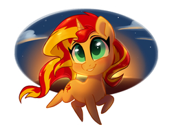 Size: 1600x1200 | Tagged: safe, artist:oofycolorful, sunset shimmer, pony, unicorn, g4, chest fluff, chibi, cloud, colored pupils, cute, dusk, female, grin, looking up, mare, namesake, pointy legs, pointy ponies, pose, pun, raised hoof, raised leg, shimmerbetes, simple background, sky, smiling, solo, stars, sunset, sunshine shimmer, trotting, visual pun, white background