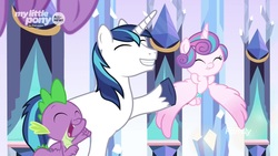 Size: 1920x1080 | Tagged: safe, screencap, princess flurry heart, shining armor, spike, alicorn, dragon, pony, unicorn, g4, the beginning of the end, crystal castle, curtains, discovery family logo, eyes closed, father and daughter, female, flying, happy, male, open mouth, raised hoof, smiling, window, winged spike, wings