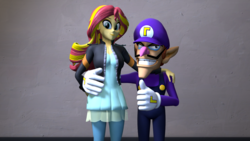 Size: 1920x1080 | Tagged: safe, artist:sharpe-fan, sunset shimmer, human, equestria girls, g4, 3d, crossover, crossover shipping, male, nintendo, shipping, source filmmaker, super mario bros., waluigi, waluset