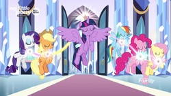 Size: 1920x1080 | Tagged: safe, screencap, applejack, fluttershy, pinkie pie, rainbow dash, rarity, twilight sparkle, alicorn, pony, g4, the beginning of the end, big crown thingy, eyes closed, female, jewelry, magic, mane six, regalia, twilight sparkle (alicorn)