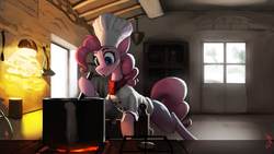Size: 2560x1440 | Tagged: safe, artist:nsilverdraws, pinkie pie, earth pony, pony, :o, cabinet, casserole, chef, chef outfit, chef's hat, cooking, counter, cute, door, female, hat, kitchen, light, looking at something, mare, open mouth, solo, spoon, stove, window