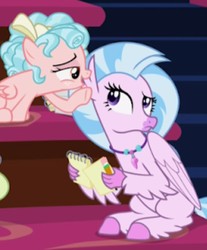 Size: 597x720 | Tagged: safe, screencap, cozy glow, silverstream, classical hippogriff, hippogriff, pegasus, pony, g4, what lies beneath, cropped, female, filly, foal, listening, notepad, pencil