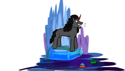 Size: 1400x800 | Tagged: safe, artist:horsesplease, king sombra, pony, g4, barking, behaving like a dog, crystal, insanity, male, paint tool sai, pet bowl, solo, sombra dog, that pony sure does love crystals, throne, year of the dog