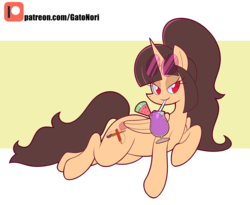 Size: 3534x2894 | Tagged: safe, artist:norithecat, oc, oc only, oc:spring beauty, alicorn, pony, alicorn oc, bedroom eyes, digital, drink, female, glasses, high res, patreon, patreon logo, solo