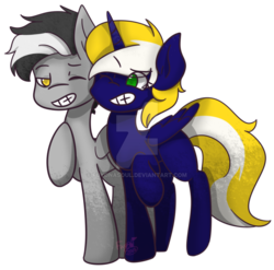 Size: 1024x1012 | Tagged: safe, artist:fuyonasoul, oc, oc only, oc:eldin, oc:time vortex (kaifloof), alicorn, pegasus, pony, alicorn oc, duo, duo male, male, one eye closed, pegasus oc, smiling, wings, wink