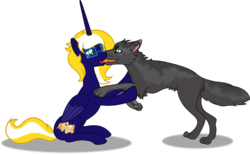Size: 1024x632 | Tagged: safe, artist:vector-brony, oc, oc only, oc:time vortex (kaifloof), oc:zima the wolf, alicorn, pony, wolf, alicorn oc, commissioner:kaifloof, glasses, misleading thumbnail, no its not what you think, pet, please stop asking, simple background, transparent background