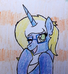 Size: 1872x2030 | Tagged: safe, artist:cloudsky14, oc, oc:time vortex (kaifloof), alicorn, pony, alicorn oc, cute, glasses, one eye closed, traditional art, wink