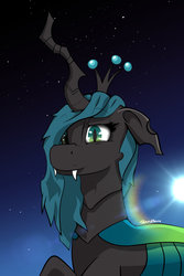 Size: 1280x1920 | Tagged: safe, artist:rene-owen, queen chrysalis, changeling, changeling queen, g4, blue background, female, lens flare, moon, sad face, simple background, solo, stars