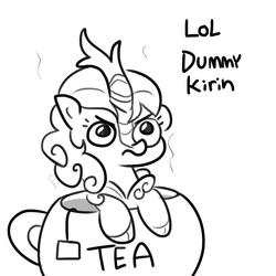 Size: 1650x1650 | Tagged: safe, artist:tjpones, autumn blaze, kirin, pony, g4, awwtumn blaze, cup, cup of pony, cute, female, food, frown, glare, grayscale, kirin beer, kirin tea, lineart, looking up, madorable, micro, monochrome, mundane utility, ponies in food, simple background, solo, tea, teabag, teacup, teapot, text, this will end in fire, this will end in nirik, unamused, white background
