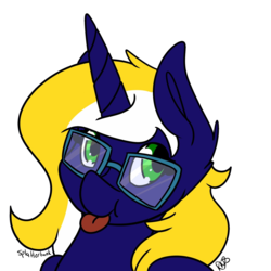 Size: 1440x1440 | Tagged: safe, artist:splattertank, oc, oc only, oc:time vortex (kaifloof), alicorn, pony, :p, alicorn oc, glasses, silly, tongue out