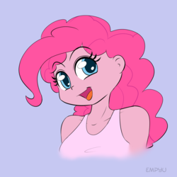 Size: 1000x1000 | Tagged: safe, artist:empyu, pinkie pie, equestria girls, g4, beautiful, clothes, cute, diapinkes, female, moe, open mouth, pink, shirt, simple background, smiling, solo, tank top
