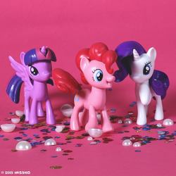 Size: 960x960 | Tagged: safe, pinkie pie, rarity, twilight sparkle, alicorn, pony, g4, official, confetti, female, figurine, irl, national unicorn day, photo, toy, twilight sparkle (alicorn)