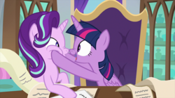 Size: 2100x1181 | Tagged: safe, screencap, starlight glimmer, twilight sparkle, alicorn, pony, unicorn, g4, season 9, the beginning of the end, boop, duo, duo female, female, mare, nose wrinkle, noseboop, squishy cheeks, twilight sparkle (alicorn), twilight's office