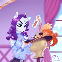 Size: 1265x1265 | Tagged: safe, artist:ladychimaera, rarity, unicorn, anthro, g4, carousel boutique, clothes, concentrating, cute, female, frown, glowing horn, hat, horn, levitation, lipstick, magic, mannequin, mare, raribetes, sewing, shoulderless, solo, telekinesis, thread