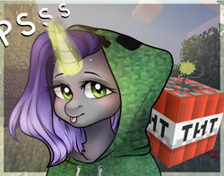 Size: 2380x1880 | Tagged: safe, edit, oc, oc only, oc:moonsonat, pony, clothes, collaboration, creeper, cute, dynamite, explosives, glowing horn, hoodie, horn, minecraft, sky, solo, text, tnt, tree