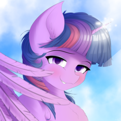 Size: 4000x4000 | Tagged: safe, artist:maneingreen, twilight sparkle, alicorn, pony, g4, absurd resolution, blushing, bust, cheek fluff, chest fluff, cute, ear fluff, feather, female, glowing horn, horn, human shoulders, lip bite, looking at you, magic, mare, portrait, seductive, sky, sky background, smiling, solo, twiabetes, twilight sparkle (alicorn)