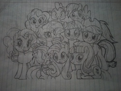 Size: 3264x2448 | Tagged: safe, artist:worldoflight, applejack, fluttershy, pinkie pie, rainbow dash, rarity, spike, starlight glimmer, sunset shimmer, twilight sparkle, pony, squirrel, g4, group, high res, lined paper, mane seven, mane six, pencil drawing, traditional art