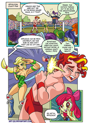 Size: 610x851 | Tagged: safe, artist:art-2u, apple bloom, applejack, oc, oc:ketchup water, comic:sweet home appleloosa wrestling, equestria girls, g4, apple bloom's bow, armband, armpits, background human, boots, bow, breasts, busty applejack, camera, clothes, comic, hair bow, knee pads, leotard, muscles, shoes, shorts, sports, wrestler, wrestling, wrestling ring, wristband