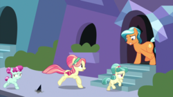 Size: 2100x1178 | Tagged: safe, screencap, cherry valley, citrine nectar, coral shores, golden väs, ruby love, scarlet heart, crystal pony, earth pony, pony, g4, the beginning of the end, background pony, crystal empire, family, female, filly, foal, group, house, male, mare, quartet, running, scared, stallion