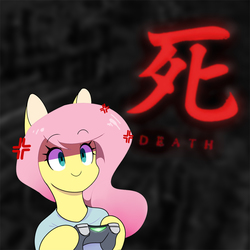 Size: 800x800 | Tagged: safe, artist:0ndshok, fluttershy, pony, g4, angry, console, cross-popping veins, death, japanese, kanji, sekiro: shadows die twice