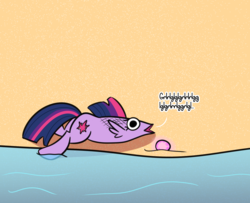 Size: 1611x1310 | Tagged: safe, artist:artiks, twilight sparkle, fish, g4, my little pony: the movie, asphyxiation, beach, beached, female, maybe salmon, pearl, reverse merpony, solo, species swap, wat, why