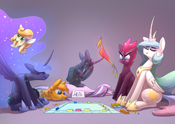 Size: 3508x2480 | Tagged: safe, artist:underpable, carrot top, fizzlepop berrytwist, golden harvest, philomena, princess celestia, princess luna, starlight glimmer, tempest shadow, oc, oc:flint, alicorn, earth pony, phoenix, pony, unicorn, g4, broken horn, commission, curved horn, ethereal mane, female, galaxy mane, hammerspace hair, high res, hoof shoes, horn, impossibly large mane, monopoly, mouth hold, royal sisters, smiling, this will end in banishment, tongue out