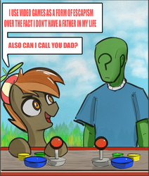 Size: 1071x1262 | Tagged: safe, artist:nignogs, button mash, oc, oc:anon, human, pony, g4, /mlp/, clothes, colt, dialogue, hat, male, sad, video game