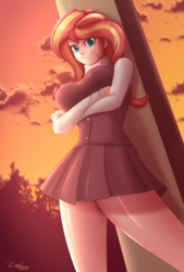 Size: 1378x2039 | Tagged: safe, artist:zelc-face, sunset shimmer, human, equestria girls, g4, breasts, busty sunset shimmer, clothes, crossed arms, cute, female, humanized, looking at you, school uniform, shimmerbetes, smiling, solo, thighs