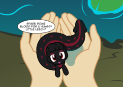 Size: 3144x2226 | Tagged: safe, artist:badumsquish, derpibooru exclusive, oc, oc only, human, leech, leech pony, monster pony, original species, pony, dialogue, fangs, freckles, hand, high res, holding a pony, hungry, in goliath's palm, lidded eyes, lilypad, looking at you, misconception, misleading thumbnail, offscreen character, open mouth, phallic symbol, pond, pov, smiling, solo focus, spots, stripe, talking to viewer, water, wet