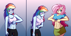 Size: 6500x3300 | Tagged: safe, artist:witchtaunter, fluttershy, rainbow dash, equestria girls, g4, abs, adorasexy, belly, belly button, clothes, colored pupils, cute, duo, eye clipping through hair, lidded eyes, miniskirt, muscles, muscleshy, sexy, shirt, shirt lift, shyabetes, skirt