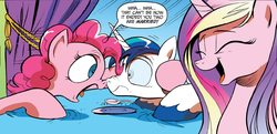 Size: 1920x927 | Tagged: safe, idw, official comic, pinkie pie, princess cadance, shining armor, alicorn, earth pony, pony, unicorn, g4, neigh anything, spoiler:comic, spoiler:comic11, amused, cadance laughs at your misery, cropped, eyes closed, happy, meme origin