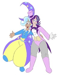 Size: 1854x2416 | Tagged: safe, artist:catstuxedo, starlight glimmer, trixie, human, g4, boots, bowtie, cape, clothes, dark skin, hat, horn, horned humanization, humanized, leotard, magician outfit, misleading thumbnail, pantyhose, shoes, top hat, trixie's cape, trixie's hat