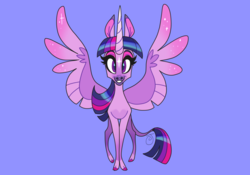 Size: 1280x896 | Tagged: safe, artist:janegumball, twilight sparkle, alicorn, classical unicorn, pony, unicorn, g4, cloven hooves, female, horn, leonine tail, mare, slender, smiling, solo, spread wings, thin, twilight sparkle (alicorn), unshorn fetlocks, wings