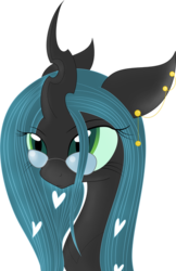 Size: 400x616 | Tagged: safe, artist:ifoxtrax, queen chrysalis, changeling, changeling queen, g4, adorkable, bust, collaboration, cute, cutealis, dork, dorkalis, ear piercing, earring, female, floppy ears, glasses, heart, jewelry, nerd, piercing, portrait, simple background, solo, transparent background