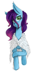 Size: 418x828 | Tagged: safe, artist:laptopdj, oc, oc only, pony, blushing, cloak, clothes, feather, request, requested art, simple background, solo, white background