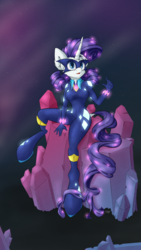 Size: 2160x3840 | Tagged: safe, artist:coldtrail, radiance, rarity, anthro, unguligrade anthro, g4, clothes, crystal, female, high res, open mouth, power ponies, sitting, solo, superhero