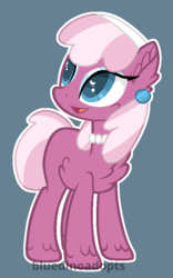Size: 532x852 | Tagged: safe, artist:bluedinoadopts, oc, oc only, oc:aroma petals, pony, blue background, chest fluff, ear fluff, ear piercing, earring, eyeshadow, female, headband, heart eyes, jewelry, makeup, mare, necklace, open mouth, pearl necklace, piercing, simple background, solo, wingding eyes
