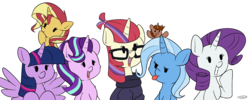 Size: 3496x1400 | Tagged: safe, artist:taurson, moondancer, rarity, starlight glimmer, sunset shimmer, trixie, twilight sparkle, oc, oc:coffee, alicorn, pony, unicorn, g4, :p, chest fluff, female, glasses, happy, lidded eyes, looking at each other, magical sextet, mare, open mouth, raised hoof, silly, simple background, smiling, spread wings, tongue out, transparent background, twilight sparkle (alicorn), wings