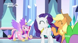 Size: 1920x1080 | Tagged: safe, screencap, applejack, princess cadance, rarity, spike, dragon, pony, g4, the beginning of the end, hoofbump, magic, winged spike, wings