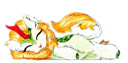 Size: 3124x1549 | Tagged: safe, artist:liaaqila, autumn blaze, kirin, g4, :p, awwtumn blaze, cute, ear fluff, eyes closed, female, lying down, silly, simple background, smiling, solo, tongue out, traditional art, white background