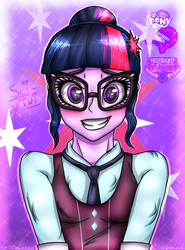 Size: 1287x1742 | Tagged: safe, artist:cyntia-art, sci-twi, twilight sparkle, equestria girls, g4, my little pony equestria girls: friendship games, adorkable, blushing, bust, clothes, crystal prep academy uniform, cute, cutie mark background, dork, female, looking at you, necktie, school tie, school uniform, schoolgirl, smiling, solo, twiabetes