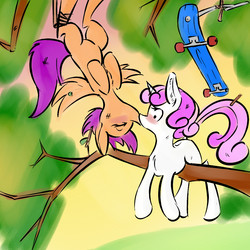 Size: 1100x1100 | Tagged: safe, artist:anonymous, scootaloo, sweetie belle, pegasus, pony, unicorn, g4, blank flank, blushing, bondage, cute, cutealoo, diasweetes, drawthread, eyes closed, female, filly, kiss on the lips, kissing, lesbian, scooter, ship:scootabelle, shipping, tree, upside down kiss