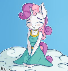 Size: 1141x1200 | Tagged: safe, artist:neko-me, sweetie belle, anthro, apple bloomers, g4, :p, blushing, breasts, busty sweetie belle, clothes, cloud, dress, eyes closed, female, filly, older, silly, solo, tongue out