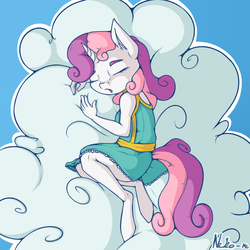 Size: 1200x1200 | Tagged: safe, artist:neko-me, sweetie belle, anthro, apple bloomers, g4, breasts, busty sweetie belle, clothes, cloud, dress, eyes closed, female, filly, lying on a cloud, older, sleeping