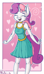 Size: 721x1200 | Tagged: safe, artist:neko-me, sweetie belle, anthro, apple bloomers, g4, breasts, busty sweetie belle, clothes, cute, diasweetes, dress, ear fluff, eyes closed, female, filly, older, open mouth, smiling