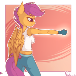 Size: 1200x1200 | Tagged: safe, artist:neko-me, scootaloo, anthro, apple bloomers, g4, breasts, busty scootaloo, clothes, cute, cutealoo, female, filly, gloves, midriff, older, pants, profile, solo, tank top