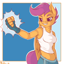 Size: 1200x1200 | Tagged: safe, artist:neko-me, scootaloo, anthro, apple bloomers, g4, belly button, breasts, busty scootaloo, clothes, cute, cutealoo, ear fluff, female, filly, fingerless gloves, fist, gloves, midriff, older, pants, solo, tank top, wing fluff