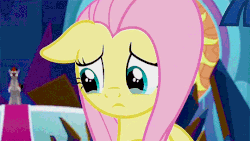Size: 540x304 | Tagged: safe, screencap, discord, fluttershy, king sombra, twilight sparkle, pegasus, pony, unicorn, g4, the beginning of the end, animated, comforting, cute, female, floppy ears, gif, hand on cheek, male, mare, shipping fuel, shyabetes, squishy cheeks, stallion, teary eyes