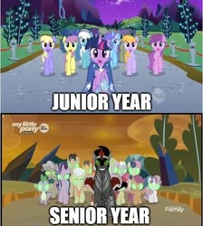 Size: 503x562 | Tagged: safe, edit, edited screencap, screencap, apple bloom, bon bon, caramel, cherry cola, cherry fizzy, daisy, diamond mint, drizzle, flower wishes, granny smith, king sombra, mayor mare, orange blossom, prim posy, royal riff, scootaloo, spike, starlight glimmer, sunset bliss, sweetie belle, sweetie drops, twilight sparkle, earth pony, pegasus, pony, unicorn, g4, season 1, season 9, the beginning of the end, the best night ever, at the gala, background pony, caption, clothes, comparison, dress, female, filly, gala dress, glowing eyes, greenie sky, image macro, male, mare, mind control, sombrafied, stallion, text